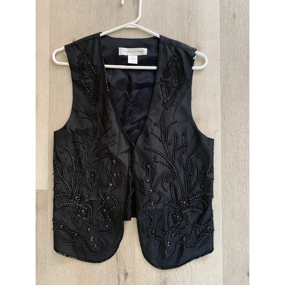 Casual Corner Vintage Black Beaded Silk Vest Whimsigoth Goth Evening Top Medium